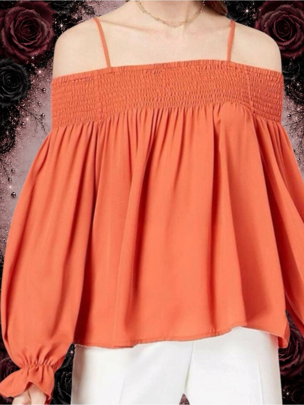 New NWT Ultra Flirt by Ikeddi Womens Smocked Off The Shoulder Top Rust